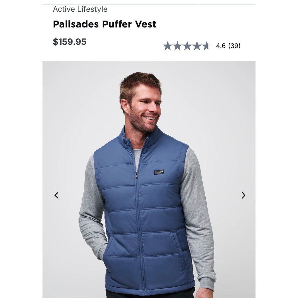 TravisMathew Mens Puffer Vest Slate Blue‎ Lightweight Full Zip Golf Outerwear M
